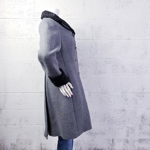 Vintage Curly Lamb Fur Wool Coat Double Breasted Knee Length Coat Gray  Medium - Picture 6 of 16